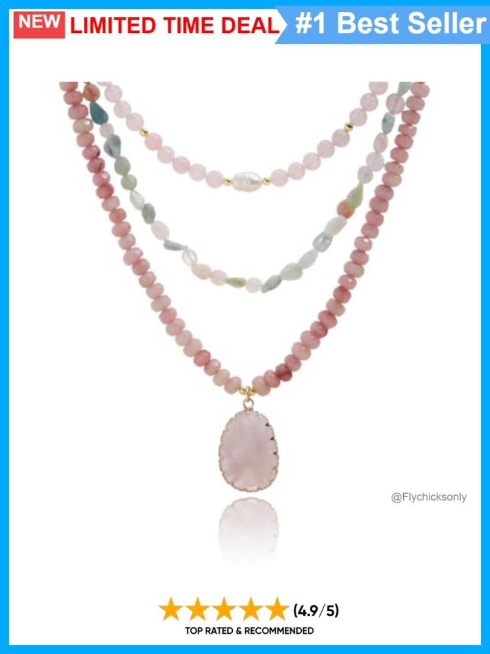 Boho Beaded Layered Necklace Rose Quartz Pearl Choker Handmade